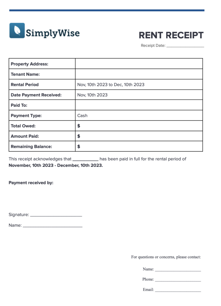 Rent Receipt Template SimplyWise SimplyWise