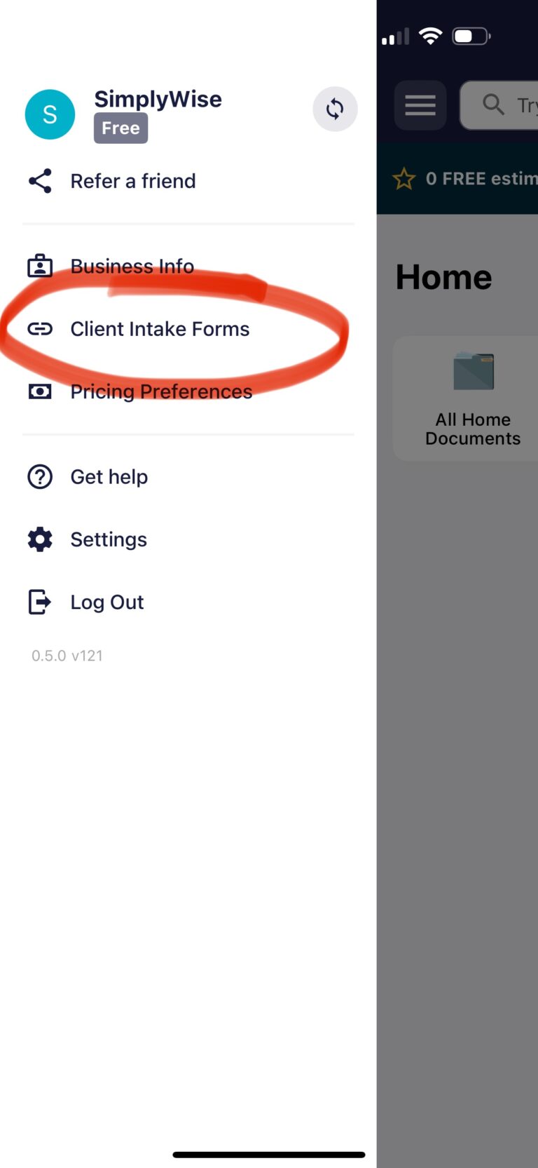 SimplyWise Cost Estimator Menu