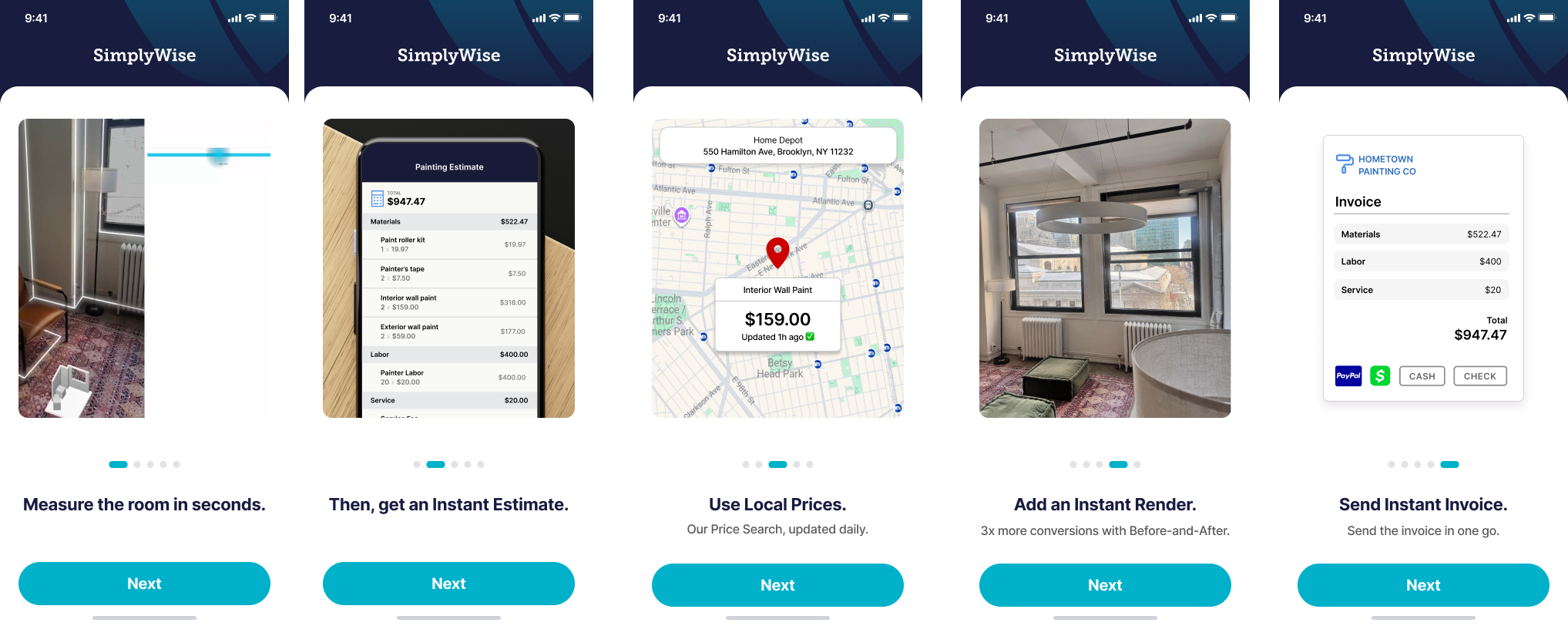 SimplyWise Cost Estimator app screens showing LiDAR room scanning, instant estimate, local material pricing, before-and-after render, and invoice