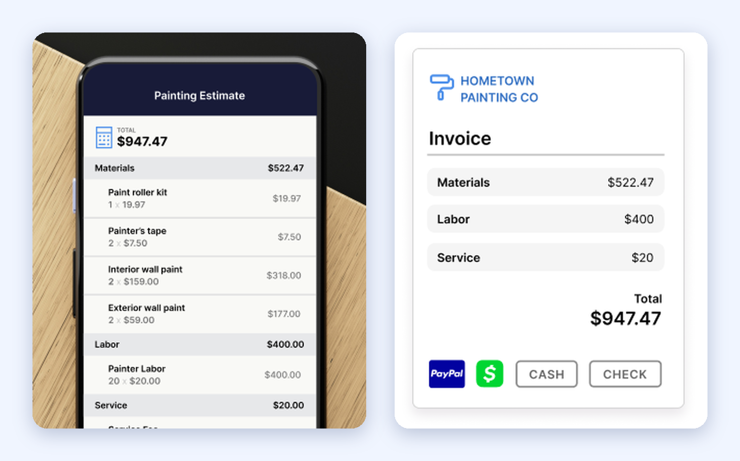 SimplyWise construction cost estimator: an itemized painting estimate totaling $947.47 and the matching client invoice