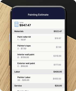 SimplyWise app screen showing an instant painting estimate with a $947.47 total broken into materials, labor, and service