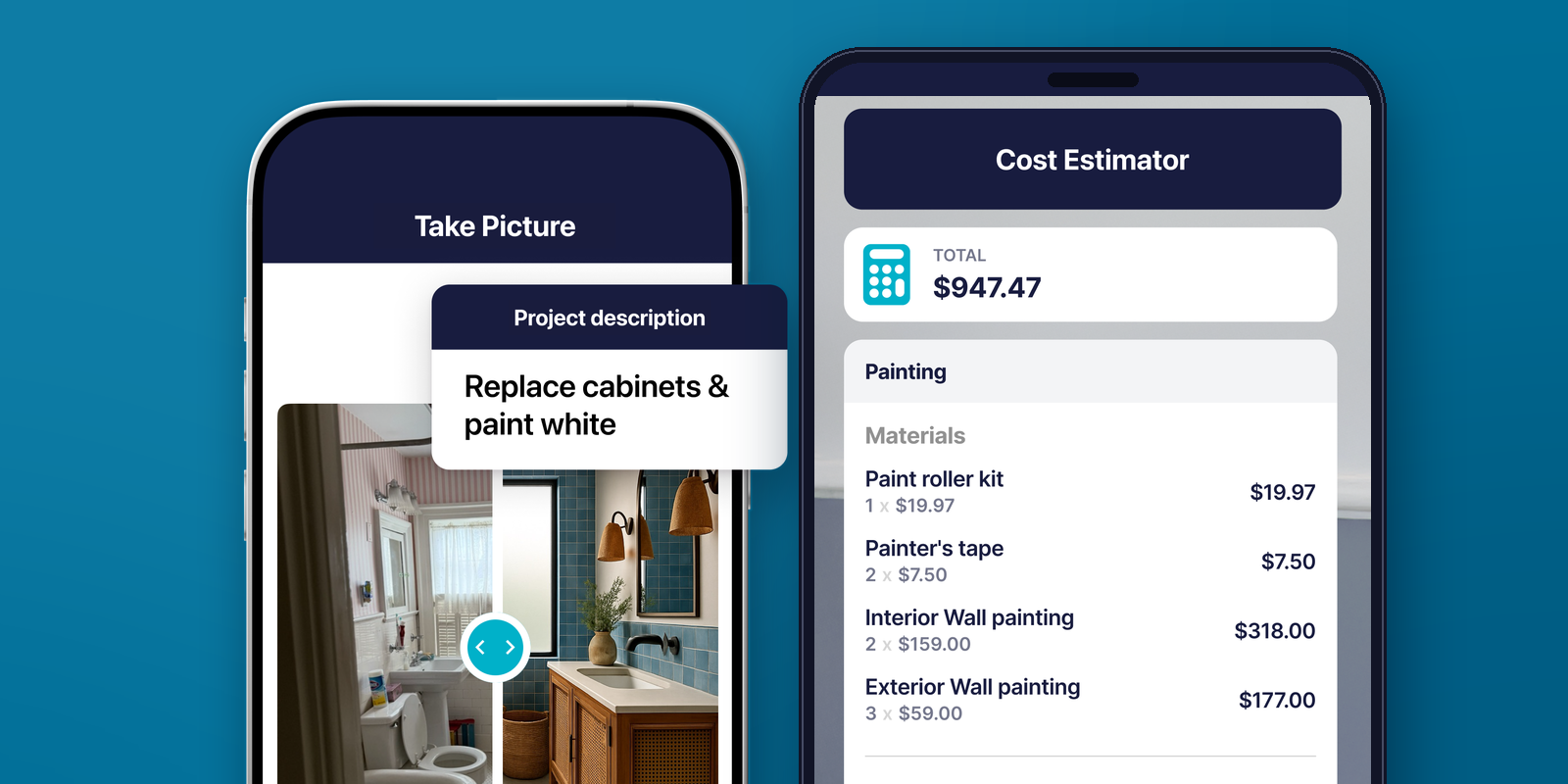 SimplyWise Cost Estimator app screens: the Take Picture screen with a jobsite photo and project description, and an itemized painting estimate totaling $947.47